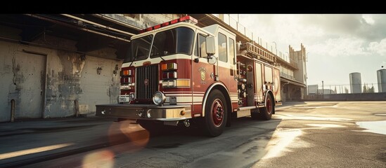 Back of the fire truck at the fire station. with copy space image. Place for adding text or design