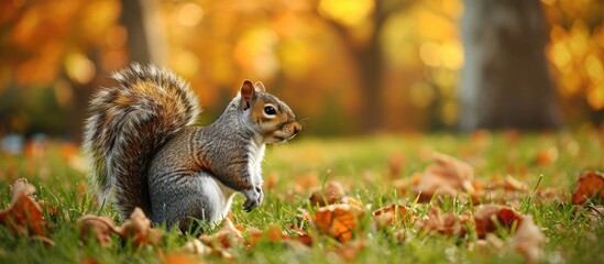 Naklejka na ściany i meble fluffy squirrel in light gray winter fur sits with his back to the viewer on an autumn lawn. with copy space image. Place for adding text or design