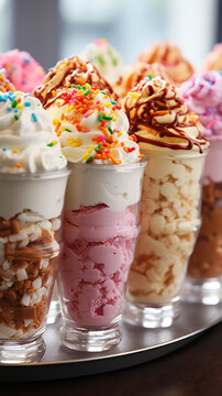 Colorful ice cream in glass cups on wooden table, closeup.