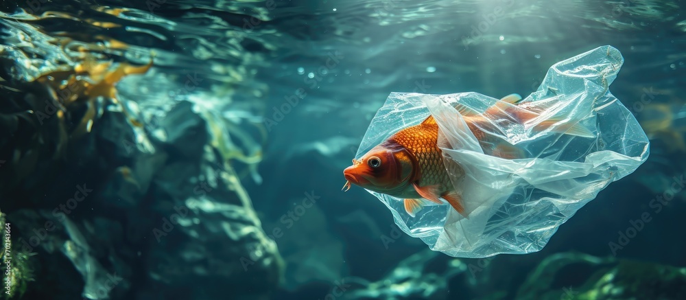 Poster A fish with a plastic bag Pollution in oceans concept. with copy space image. Place for adding text or design