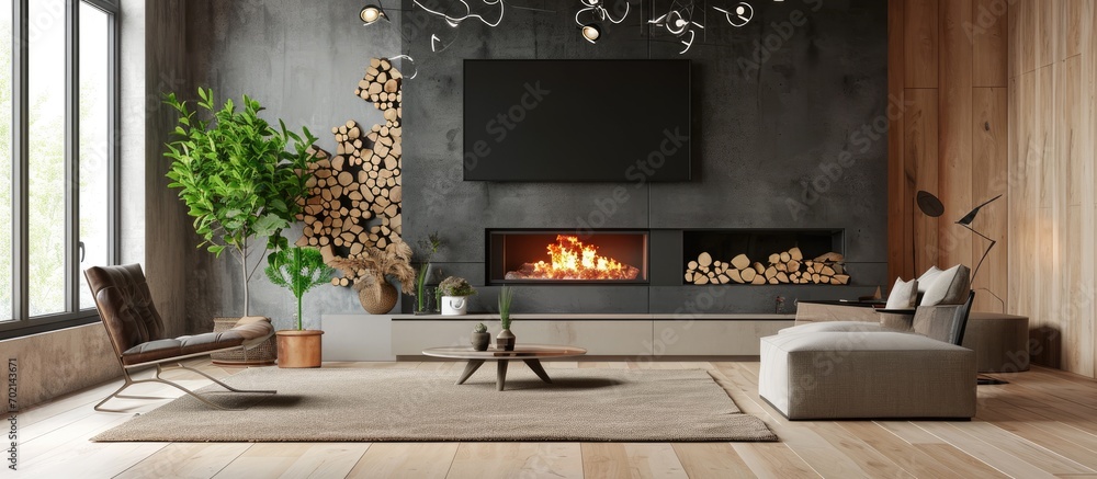 Poster contemporary open living room with fireplace armchair and television hanging on the wall. with copy 