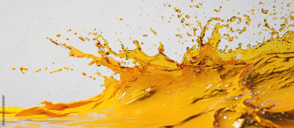 Poster Flying splash yellow liquid on a white background. with copy space image. Place for adding text or design
