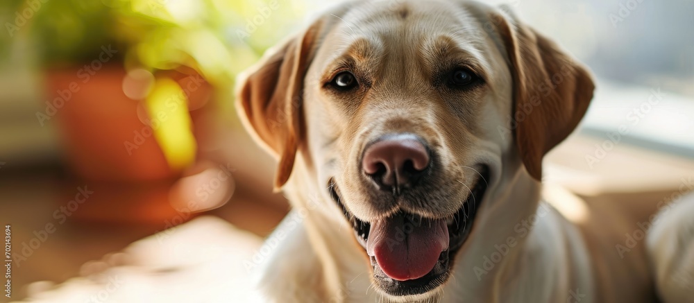 Poster cute labrador retriever with toothbrush indoors pet care. with copy space image. place for adding te