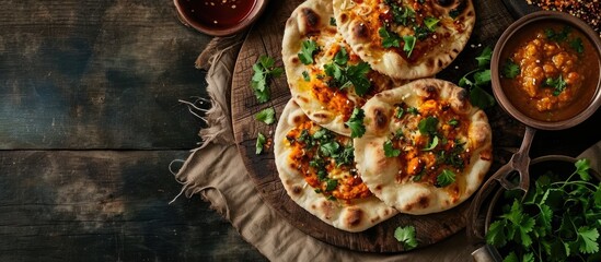 Aerial top shot of stuffed cheese naan flat bread with dips on circular wooden baking cutlery. with...