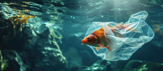 A fish with a plastic bag Pollution in oceans concept. with copy space image. Place for adding text or design