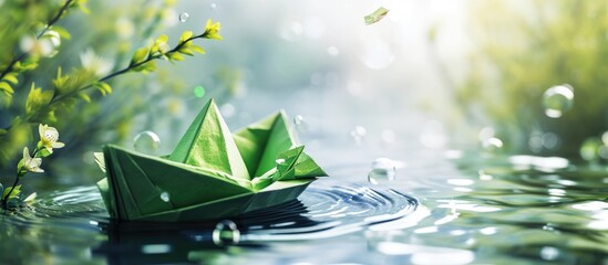 Clean energy for sea and cargo transportation and travel and sustainable maritime transport concept Paper boat emitting fresh green leaves. with copy space image. Place for adding text or design - obrazy, fototapety, plakaty