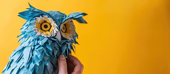 Close up of a person s hand showing handmade blue paper cute owl on yellow backdrop. with copy space image. Place for adding text or design