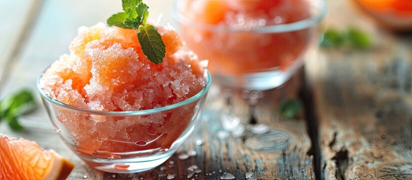 Grapefruit Granita Frozen Dessert selective focus horizontal. with copy space image. Place for adding text or design