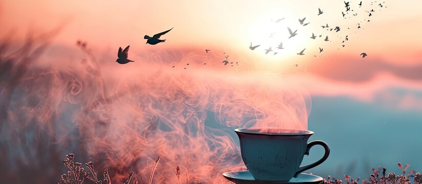 Cup of coffee with a steam cloud birds flying to the sky pastel colors brainstorming for ideas mindset of freedom creative business idea optimistic future taking a break. with copy space image