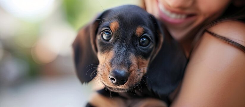 cute puppy Happy dog smiling cute puppy dachshund Funny and happy dog face Female Hand Petting a Dog with a big smile copys space for text Image for wallpaper desktop. with copy space image
