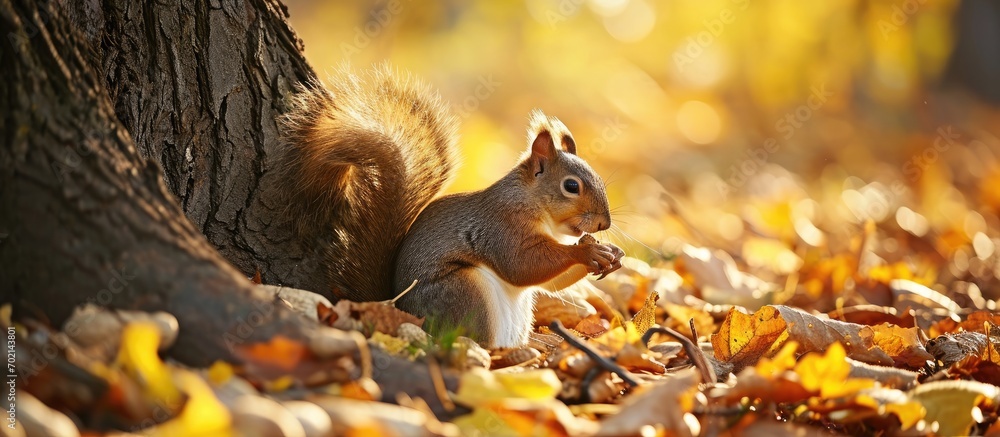 Aufkleber a squirrel near a tree eats nuts Autumn fallen yellow foliage. with copy space image. Place for adding text or design