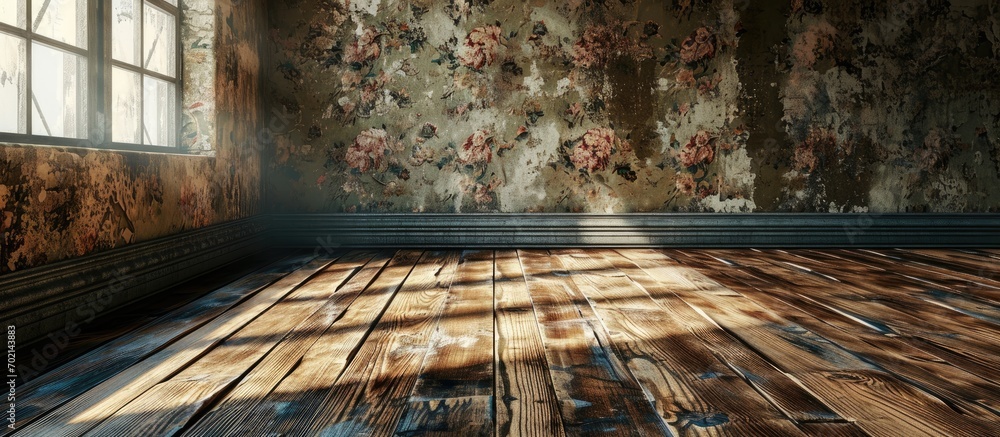 Aufkleber Blank Empty Grunge Room with Wallpaper and Parquet. with copy space image. Place for adding text or design