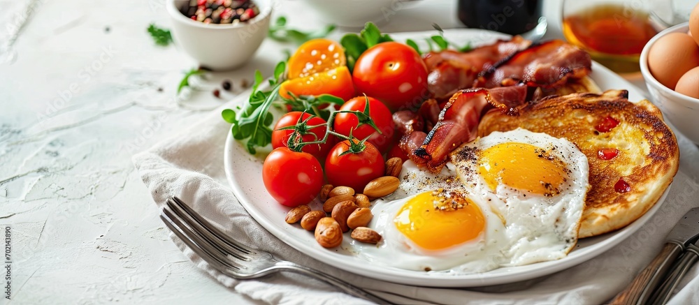 Poster English breakfast with fired round bacon avocado cherry tomatoes poached egg over the toasted bread with fork and knife and sliced scallion spread served on the white plate. with copy space image