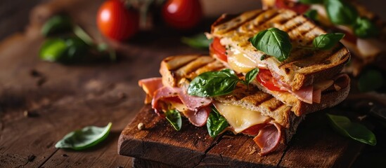 Club sandwich panini with ham tomato cheese and basil. with copy space image. Place for adding text or design