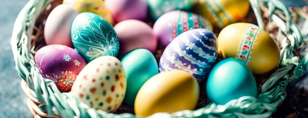 Wooden table with easter or spring theme blurred background , eggs and colorful flowers with copy...