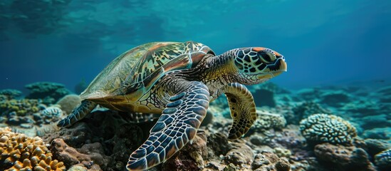 Fototapeta premium Green sea turtle eating on the reef Red Sea. with copy space image. Place for adding text or design