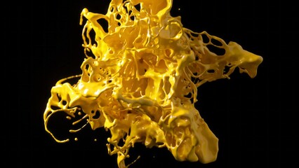 Golden liquid splash in 3D illustration, capturing a dynamic, freeform burst with glistening reflections on a black backdrop
