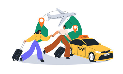Love couple travel on holiday. Honeymoon trip concept. Man and woman tourists hurrying with baggage to taxi and air plane. Vacation journey. Flat vector illustration isolated on white background © Good Studio