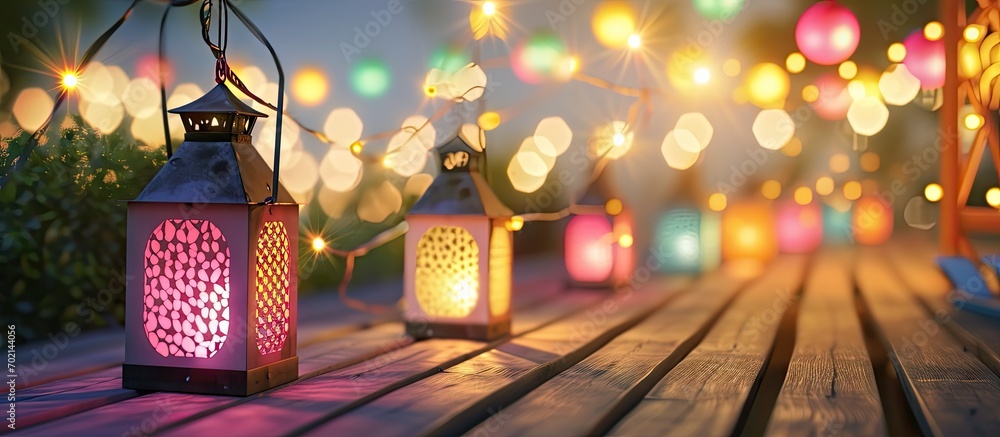 Aufkleber Beautiful colorful lanterns on wooden table at summer party. with copy space image. Place for adding text or design
