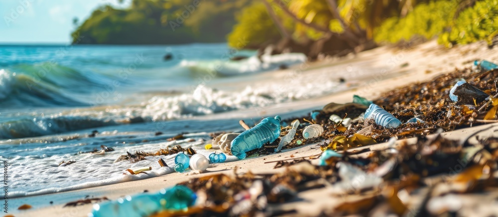 Poster beach pollution plastic and waste from ocean on the beach pollution on the beach of tropical sea was