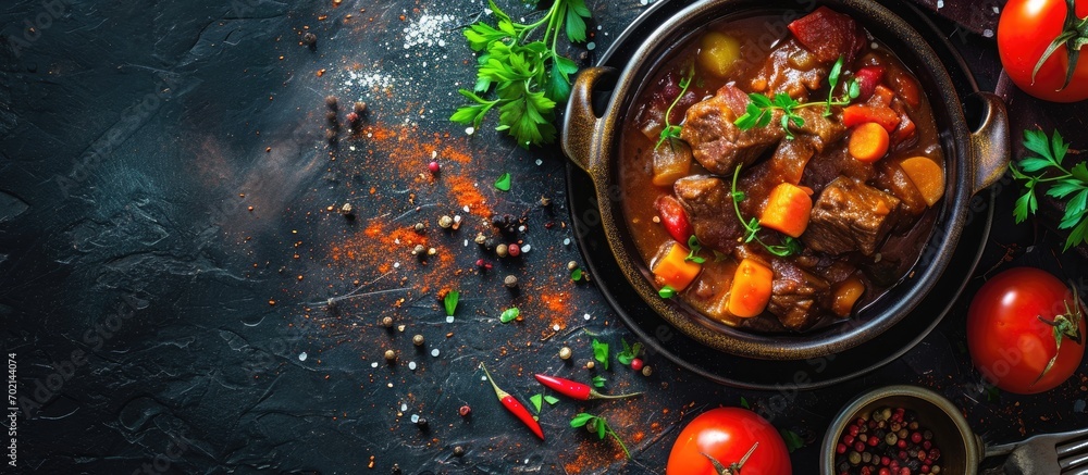 Poster goulash soup with beef sweet pepper and potatoes stew of meat and vegetables flavored with paprika h