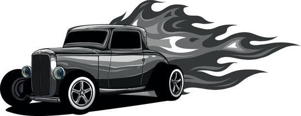 monochromatic illustration of hot rod car with flames