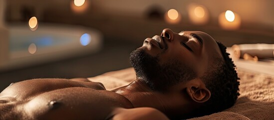 Black man spa and body massage for couple wellness relax therapy and skincare treatment Salon therapist touch muscle reflexology and healing of sleeping african guy on bed stress relief and zen - Powered by Adobe