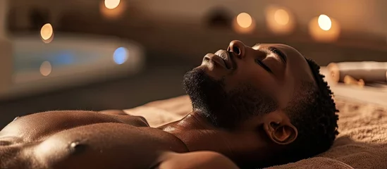 Fototapete Massagesalon Black man spa and body massage for couple wellness relax therapy and skincare treatment Salon therapist touch muscle reflexology and healing of sleeping african guy on bed stress relief and zen