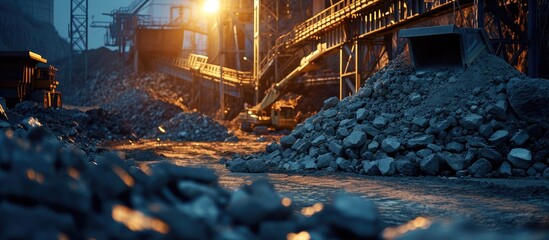 Excavator and rock stone crushing equipment in the light of spotlights at night industrial panorama. with copy space image. Place for adding text or design - obrazy, fototapety, plakaty