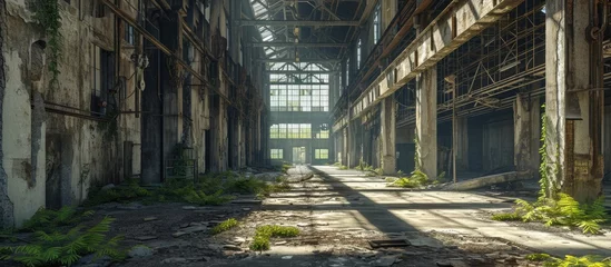  Creepy abandoned industry area with natural decay so called lost place a decayed factory hall. with copy space image. Place for adding text or design © vxnaghiyev