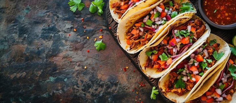 Exquisite Mexican style birria tacos with cilantro onion and spicy sauce. with copy space image. Place for adding text or design