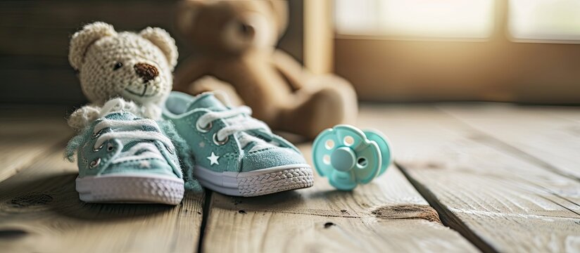 Baby Shoes and Pacifier with Teddy baby stuff. with copy space image. Place for adding text or design