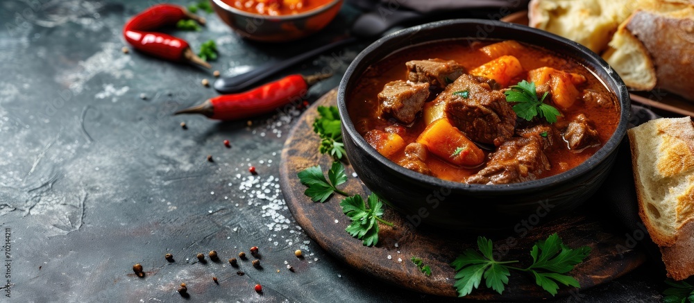 Aufkleber Beef stew served with crusty bread in a bowl. with copy space image. Place for adding text or design