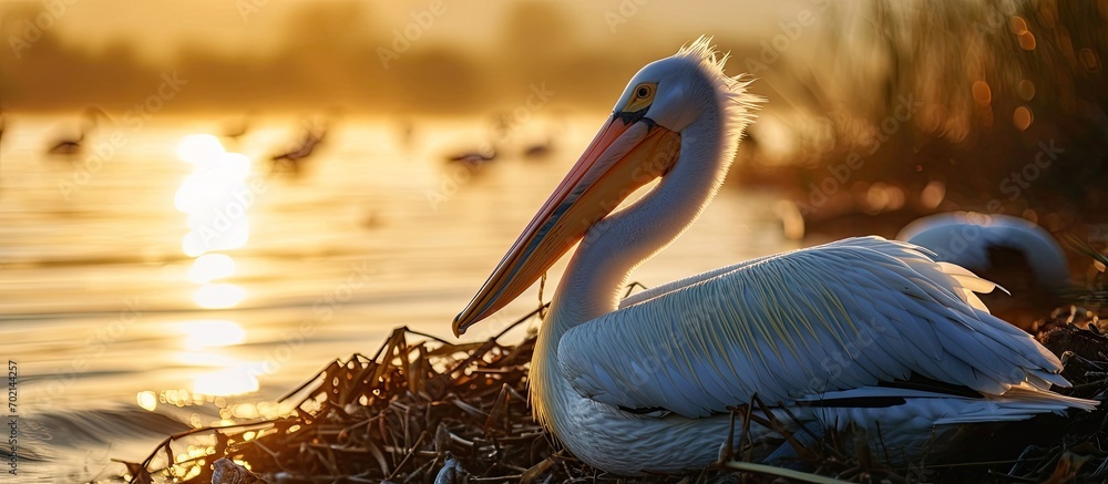 Poster danube delta wild life birds two pelicans peacefully floating on a serene body of water biodiversity
