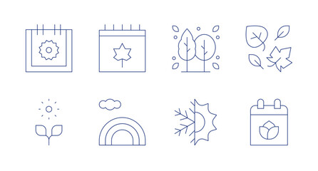 Seasons icons. Editable stroke. Containing summer, autumn, sprout, rainbow, tree, leaves, spring, season.