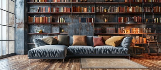Obraz na płótnie Canvas Grey couch with decorative pillows standing in a bright living room with library. with copy space image. Place for adding text or design