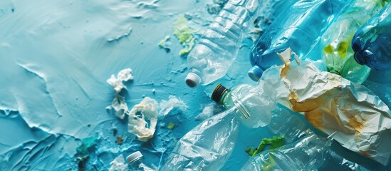 Obraz premium A globe in a plastic bag on a blue background Concept plastic garbage turns the planet into a waste dump Copy space Selective focus. with copy space image. Place for adding text or design