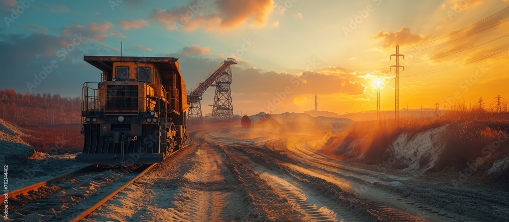 Poster beautiful shot of drag line working on mine at sunrise. with copy space image. Place for adding text or design