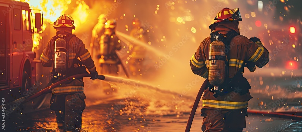 Leinwandbilder a group of firemen attacking a fire with water some brave firemen doing teamwork against fire firefi