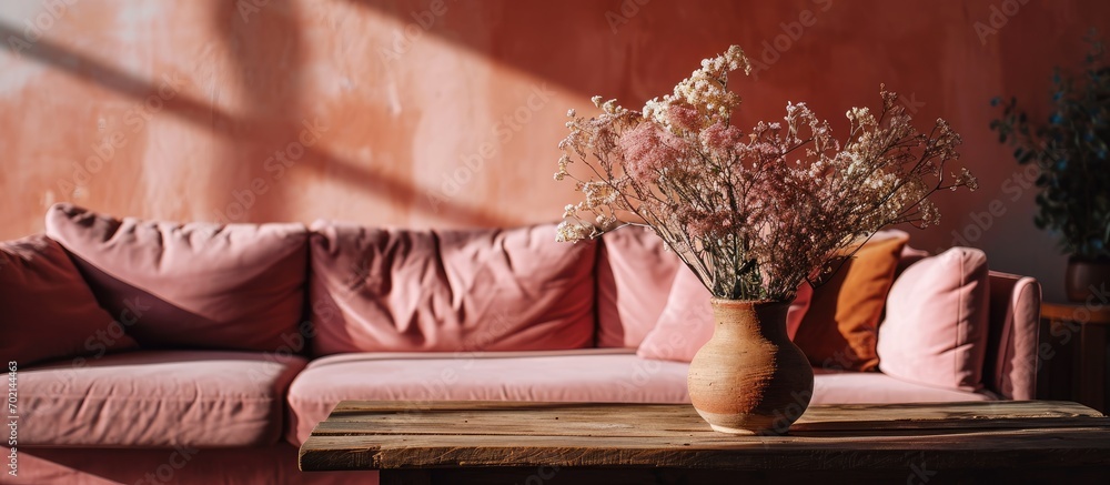 Poster dry flowers in pottery vase on small wooden table next to velvet pink couch in grey living room. wit