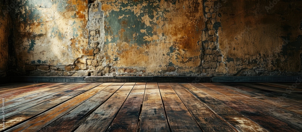 Aufkleber Blank Empty Grunge Room with Wallpaper and Parquet. with copy space image. Place for adding text or design
