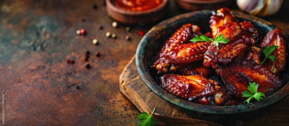 Poster Chicken Wings with tomato barbecue sauce In a small bowl of horseradish Diagonal view. with copy space image. Place for adding text or design