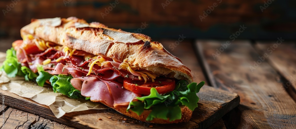 Poster a delicious sandwich with cold cuts lettuce tomato and cheese on fresh ciabatta bread. with copy spa