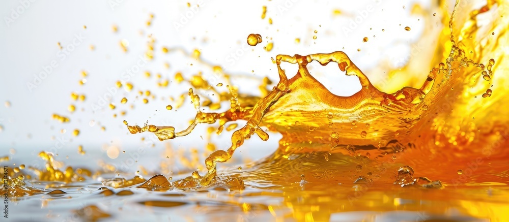 Poster Flying splash yellow liquid on a white background. with copy space image. Place for adding text or design