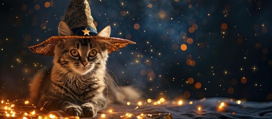 Halloween pumpkin jack o lantern and cute british cat in a wizard costume on a dark background Halloween cat in a witch hat and a mantle with stars. with copy space image - obrazy, fototapety, plakaty