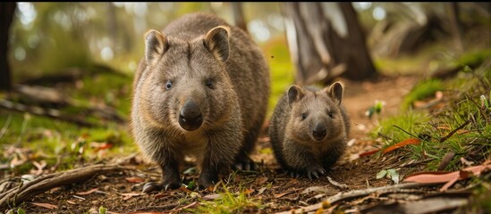 Baby Wombat with Mother in Tasmania Australia. with copy space image. Place for adding text or design