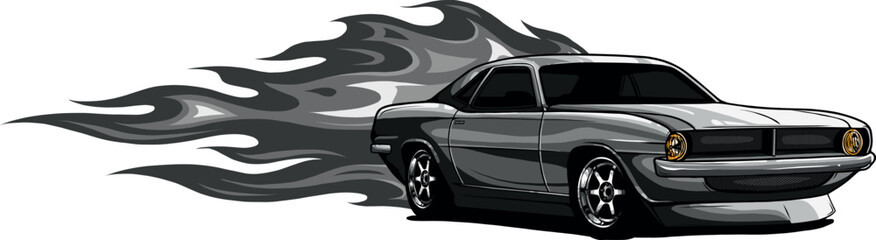monochromatic illustration of muscle car with flames - 702144678