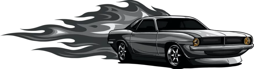 Poster Im Rahmen monochromatic illustration of muscle car with flames © deanz