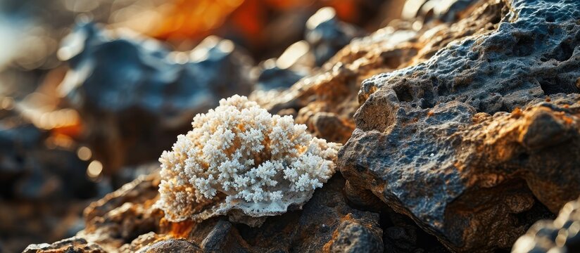 Found specimen of fossilized colonial coral replaced by quartz in hand rockhounding. with copy space image. Place for adding text or design