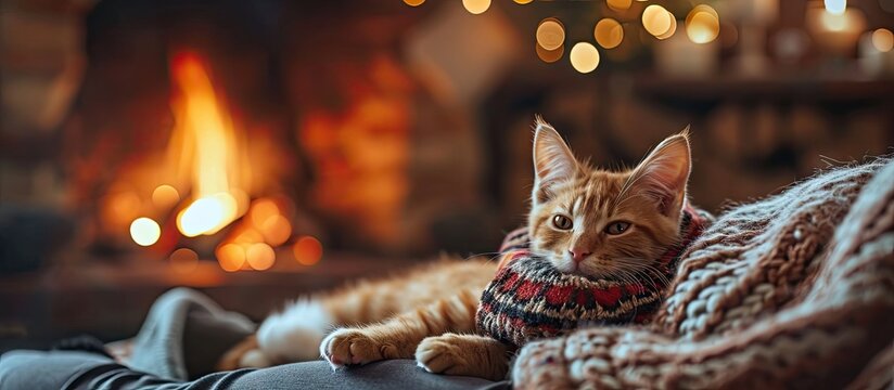 Cute ginger kitten in total relaxation resting in the lap of his owner a woman sitting in front of fireplace with a warm cup of drink Enjoying life in the holiday season. with copy space image